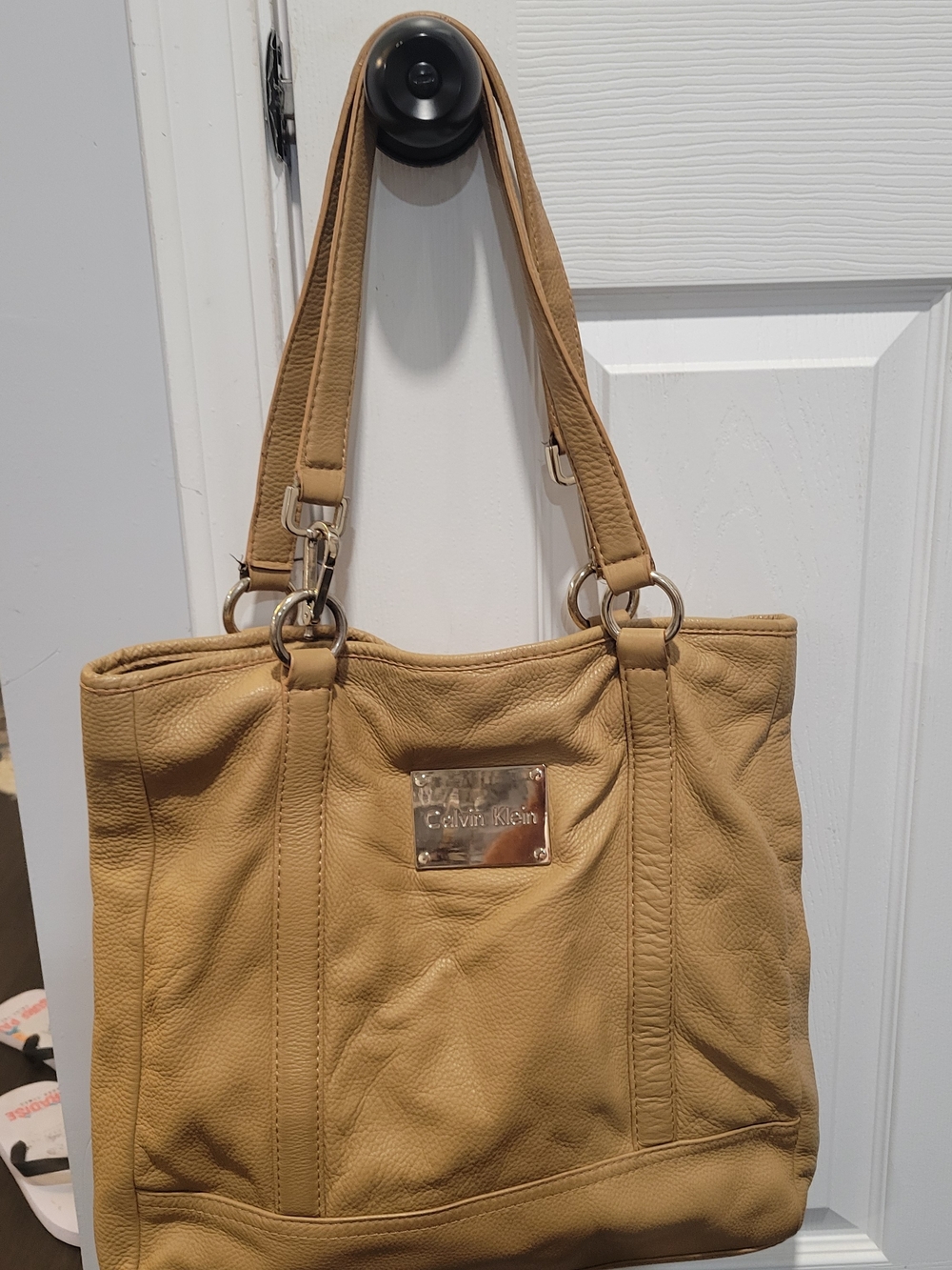 Calvin Klein Camel Tan Pebbled Leather Tote with Logo Plaque